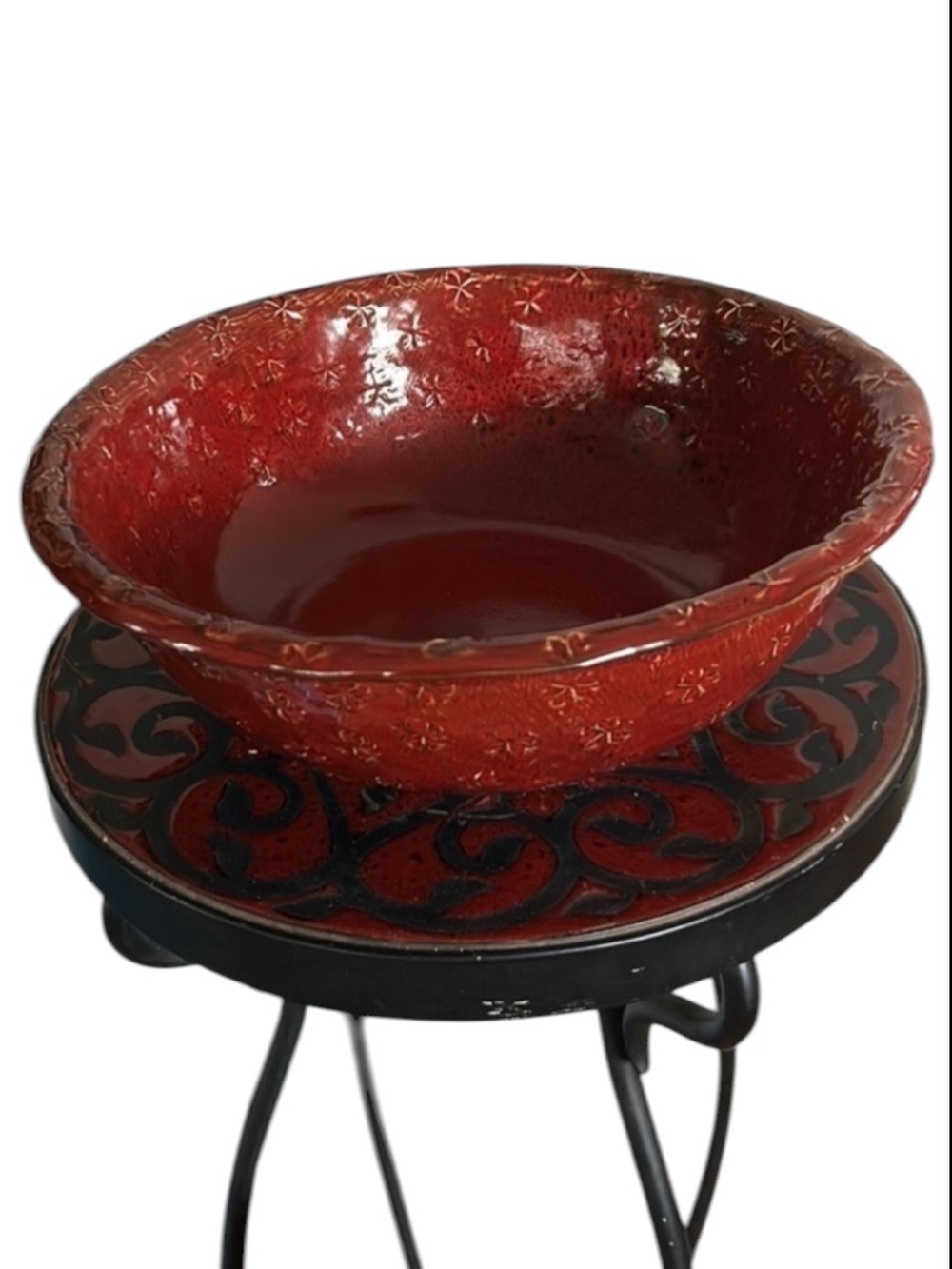 Burgundy Red ASIAN BLOSSOM Round STONEWARE SERVING BOWL